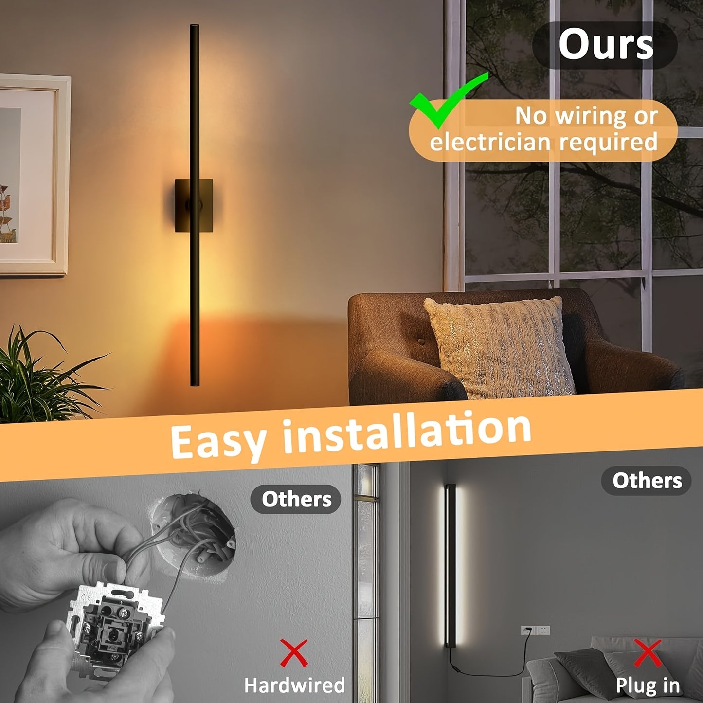 2 Pack Cordless LED Wall Sconces with Remote - Dimmable 3000K-6000K Battery Operated Wall Lights for Bedroom/Hallway, Modern Picture Lights for Walls, Warm White to Daylight (No Hardwiring Needed)