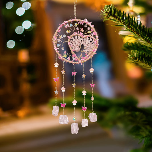 Bohemian Style Wall Decoration with Handmade Stone Beads, Colorful Gemstones, Heart, And Circular Crystal Pendant, Suitable for Christmas, Mother'S Day, And Thanksgiving, Featuring a Natural Crystal And Wind Chime