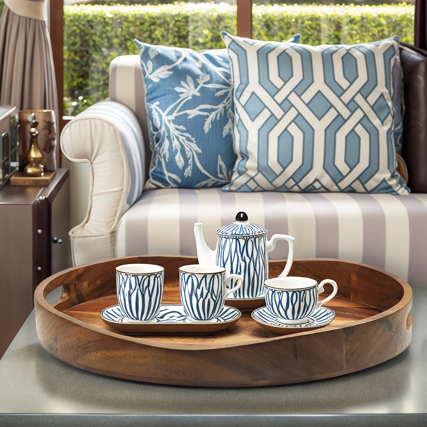 Acacia Wood Serving Tray With Handles - 16.5"x13" Round, Decorative Ottoman Tray For Living Room, Coffee Table, Breakfast In Bed, Candle Display, Great For Hollowen Gift, Large Livingroom Center Table Serving Tray, Home Control Tissue Organizer