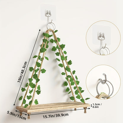 TOMNK 2pcs/3pcs/4pcs Artificial Ivy LED-Strip Floating Shelves, Macrame Hanging Shelves Plant Wall Decor, Rustic Boho Wood Wall Storage Shelves For Bedroom, Living Room, Bathroom Decor, 15.7 Inches