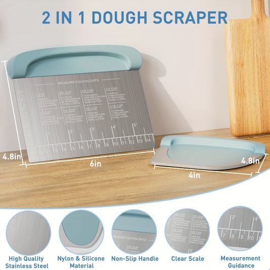 Dough Scraper Bench Scraper - Stainless Steel Dough Cutter with Silicone Handle & Measuring Scale, Multipurpose Pastry Scraper Pizza Spatula Baking Tool, Kitchen Gadget Gift, Blue Grey
