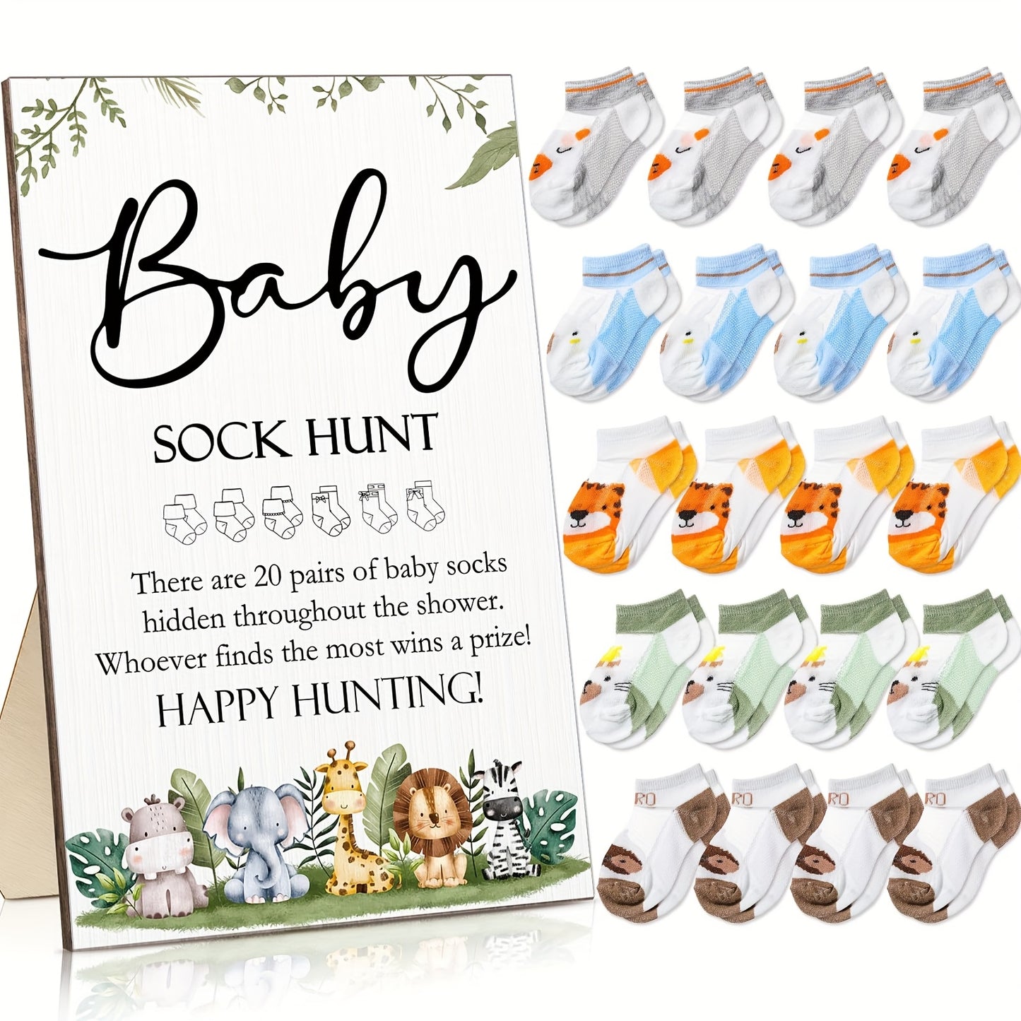20 pairs Sock- Bear/flower/Animal/Classical with 1pc Wooden Table Sign Holder Party Supplies Shower Games Include Sock Hunt Sign And 20 Pair Small Cotton Socks Wooden Table Sign with Holder for And Gender Reveal Party Favors Easter Gifts