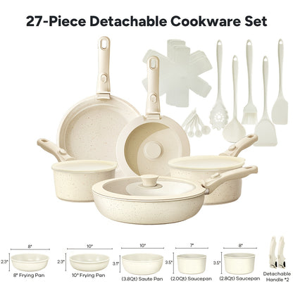 23Pcs/27pcs Nonstick Cookware Set, Pots, Non Toxic Cookware Sets Induction, Pots And Pans with Removable Handles, Cooking Set, Oven/Dishwasher Safe, Including Frying Pans, Sauce Pans, Beige, Christmas Gifts