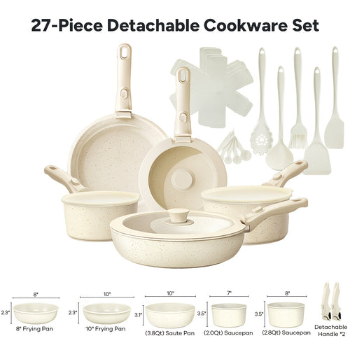 23Pcs/27pcs Nonstick Cookware Set, Pots, Non Toxic Cookware Sets Induction, Pots And Pans with Removable Handles, Cooking Set, Oven/Dishwasher Safe, Including Frying Pans, Sauce Pans, Beige, Christmas Gifts