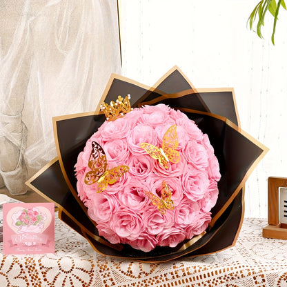 Roses Bouquet, Fake Glitter Flowers Bouquet, Everlasting Shiny Artificial Blue Rose Bouquet, Anniversary, Engagement, Wedding, 24 Roses Six Golden Butterflies (Gift of Materials)