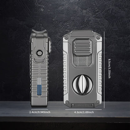 (No Butane)Windproof Tri-jet Flame Butane Lighter, Metal Multifunctional 5-in-1 Lighter, Cigar Portable Lighter, Adjustable Flame, Refillable, with Transparent Visual Gas Chamber, Suitable for Barbecue, Candles, Outdoor, Camping, Christmas Gift