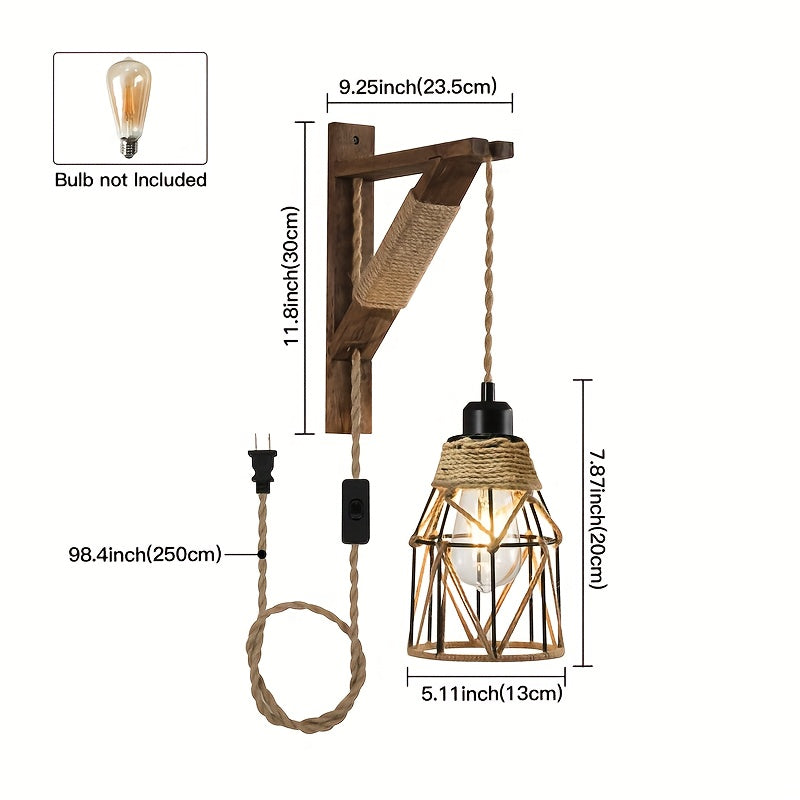 Plug In Wall Sconces Set Of 2 Or 1, Farmhouse Hanging Lamps That Plug Into Wall Outlet, Rustic Metal Cage Sconce with Wooden Bracket for Bedroom Living Room Headboard.