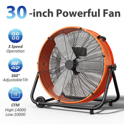 Industrial Drum Fan 24 & 30 Inch | High Velocity Floor Fan 9460-14000 CFM, 3-Speed Air Circulator with 180° Tilt for Warehouse, Garage, Workshop, Job Site & Large Space Cooling – Multiple Colors
