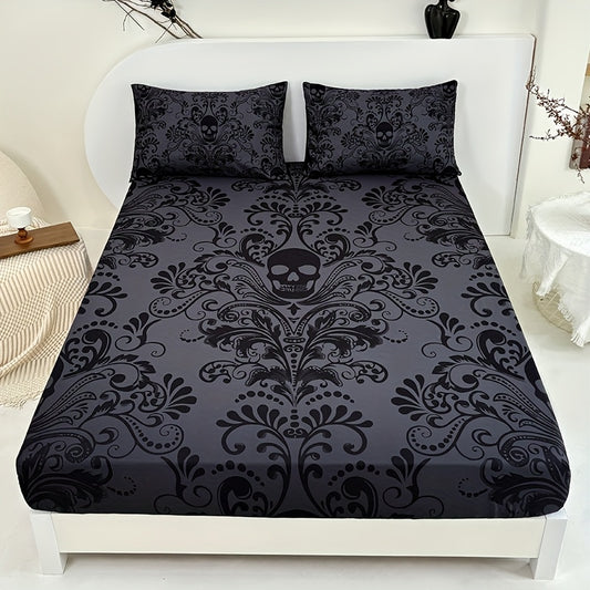3pcs Black and Gray Patterned Skull Victorian Baroque Gothic Vintage Fitted Sheet Set - 1 Fitted Sheet + 2 Pillowcases (Pillow Inserts Not Included), Classic Halloween Series, Deep Pocket 15 Inches, Machine Washable, Hypoallergenic, High Quality