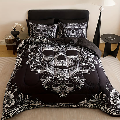 2D Flat 3pcs Black Gray Design Skull Quilt Set (1 Comforter +2 Pillowcases Without Pillow Core), Contains Padding 180gsm Quilting Soft Ventilate Digital Printing Bedroom Dormitory At Home Room Decor Back-to-School Season Valentine'S Day Gift-Giving