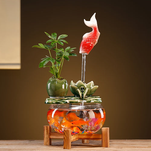 1pc USB Powered Glass And Ceramic Fish Waterfall Fountain, Relaxing Desktop Water Feature in The Living Room, Equipped with Decorative Glass Fish And Plants, a Unique Desktop Fountain Gift for Friends