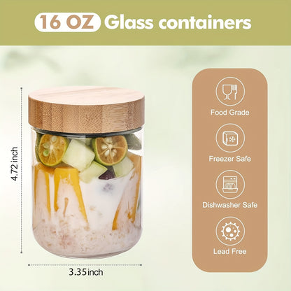 4/6 Packs Overnight Oats Containers with Bamboo Lids, Glass Jars with Airtight Lids for Meal Prep, Wide Mouth Mason Salad Jars, Glass Food Storage Container for Yogurt Chia Snacks Spice Sugar