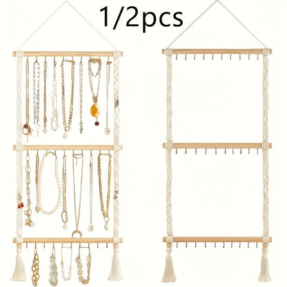 2/1pc Bohemian Jewelry Rack, Hanging Jewelry Storage Rack, Hand Woven Tassel Jewelry Display Rack, Bedroom Decoration, Contains 30 Hooks for Necklaces, Earrings, Bracelets, Hair Additions Storage, Hanging Jewelry Organizers