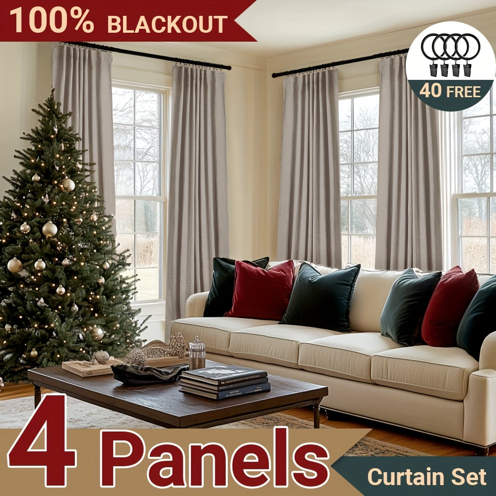 4 Panels 100% Blackout Curtains for Living Room - Faux Linen Textured Curtains 4 Panel Set- Complete Thermal Insulated Drapes for Bedroom with Clip Rings Or Rod Pocket Options for Ultimate Darkness And Energy Efficiency Home Decor