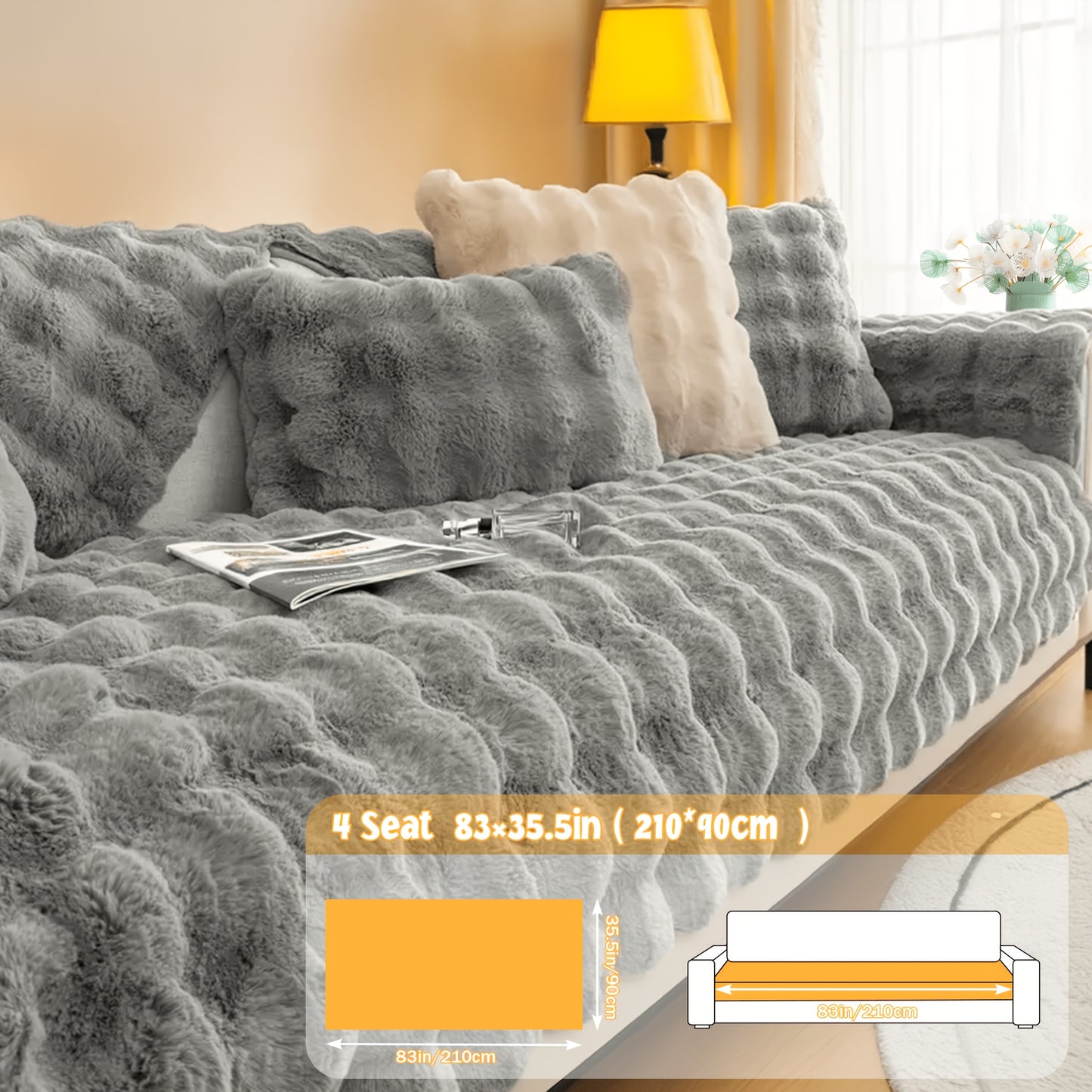 Bubble Soft Faux Rabbit Sofa Cover - Non-Slip 3/4 Seat Stretchable Slipcover Durable Furniture Protector Breathable Sofa Cover for Living Room, Bed, Dorm (Beige/Dark Grey/Khaki, 35.5X71/83Inch) - Comfortable Home Decoration, Warm And Easy to Clean