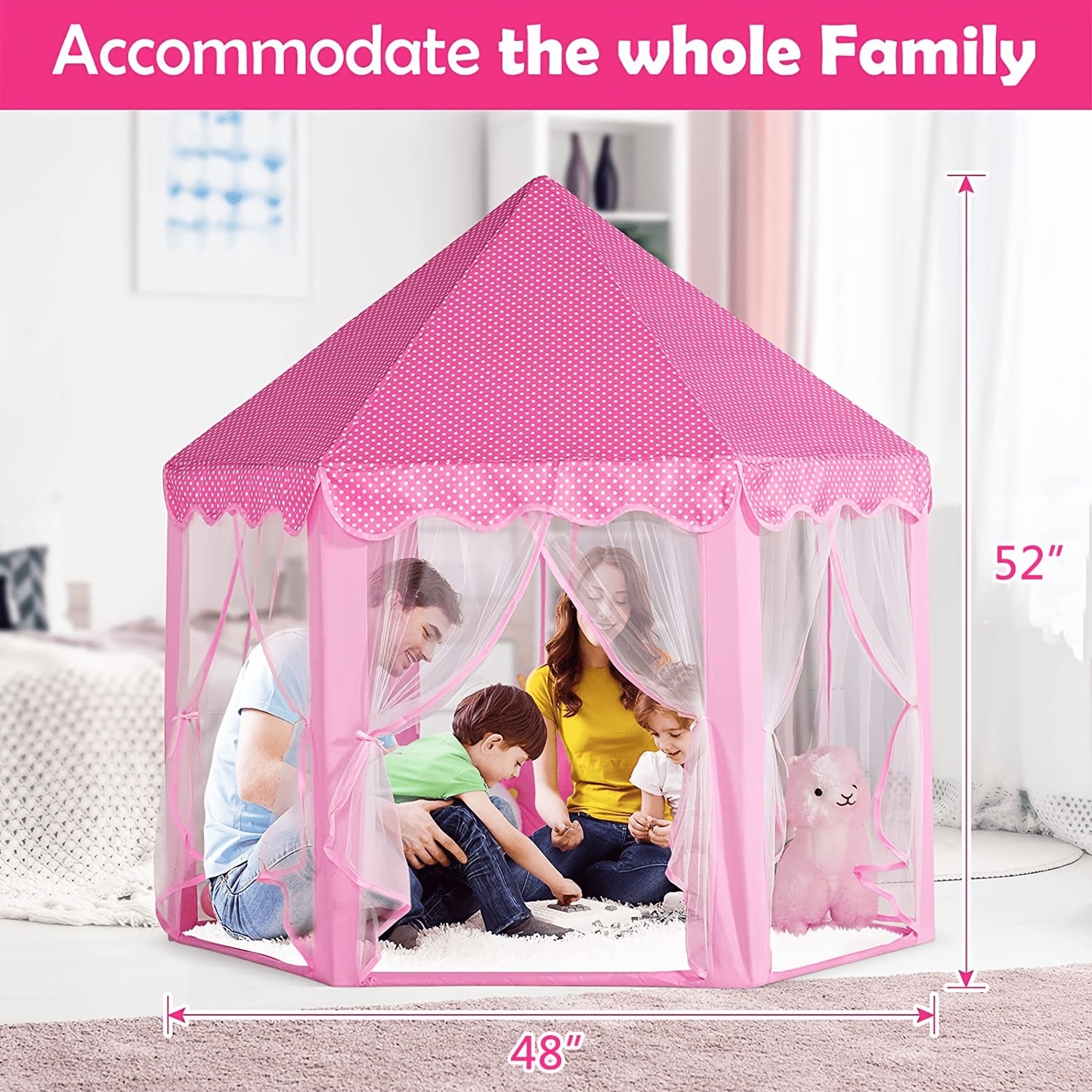 Hexagonal Shape Kids Princess Tent with Sheer Door Curtain, Spotted Flower Patterned Kids Mosquito Net, Elegant Hexagonal Kids Castle, Suitable for Indoor/Outdoor Use