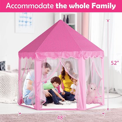 Hexagonal Shape Kids Princess Tent with Sheer Door Curtain, Spotted Flower Patterned Kids Mosquito Net, Elegant Hexagonal Kids Castle, Suitable for Indoor/Outdoor Use