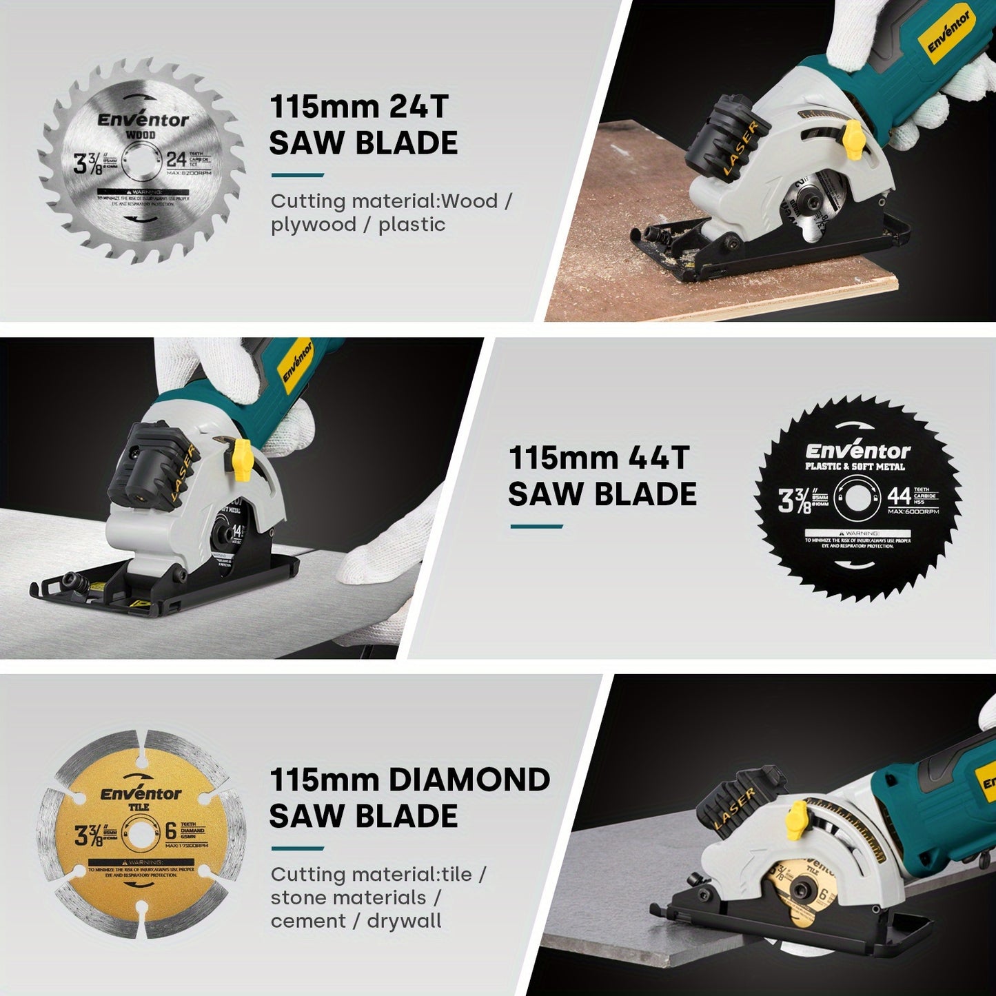ENVENTOR Mini Circular Saw, 4.8A Electric Circular Saw Corded with Laser Guide, 4000RPM, 3 Saw Blades 3-3/8" Max Cutting Depth 1-1/16", Compact Hand Saw for Wood, Soft Metal, Tile, Plastic Cuts