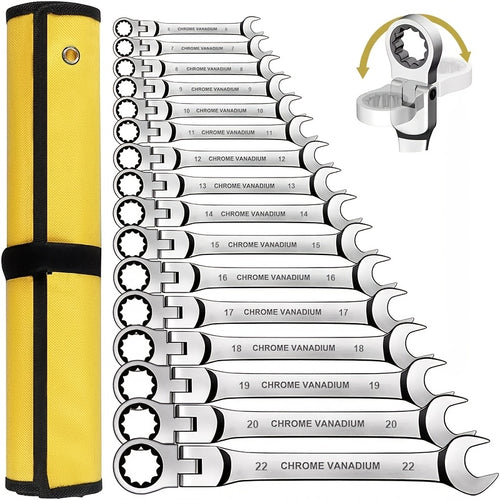 180° Flex-Head Ratcheting Wrench Set, 16pcs Metric 6-22mm, 72 Teeth, CR-V Steel, Ratchet Wrenches Set With Organizer Bag
