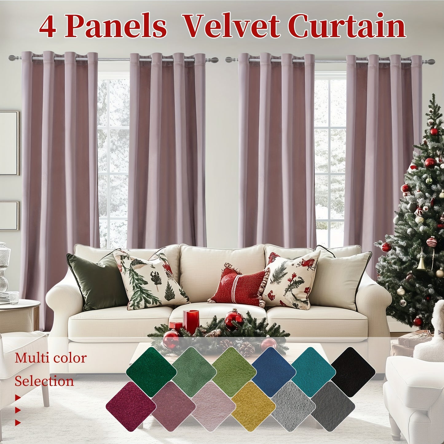 4pcs Luxury Velvet Blackout Curtains - Thermal Insulation & Noise Reduction, Soft Drapes for Living Room and Bedroom Decor, Grommet Top, Christmas Decoration