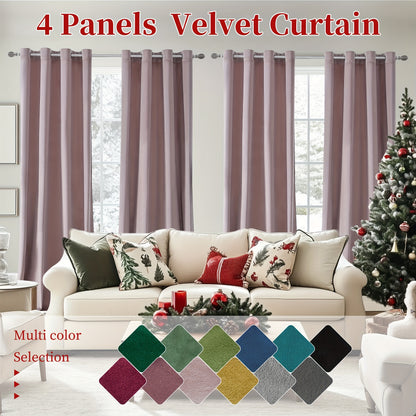 4pcs Luxury Velvet Blackout Curtains - Thermal Insulation & Noise Reduction, Soft Drapes for Living Room and Bedroom Decor, Grommet Top, Christmas Decoration