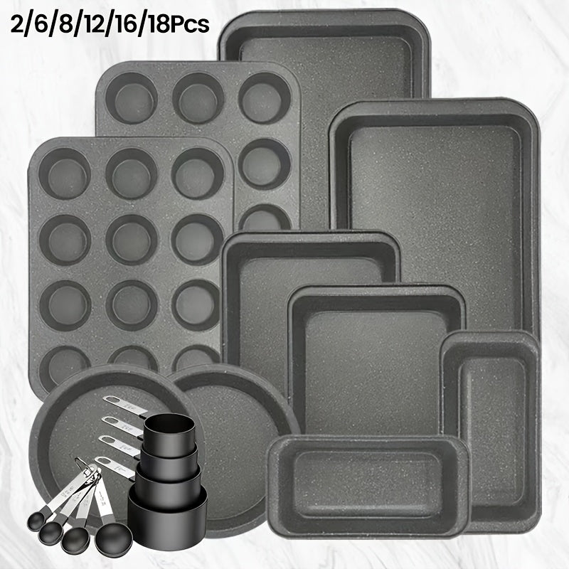 2/6/7/8/12/16/18pcs Non-Stick Baking Pan Set for Kitchen Oven, Baking Set with Round/Square Cake Pans, Bread Bags, Muffin Cups, Pizza Pan, Bread Scraper, Whisk, Spatula, Wire Rack, Measuring Spoon, Muffin Pan, Bread Pan, Baking Sheet, Cookie Sheet