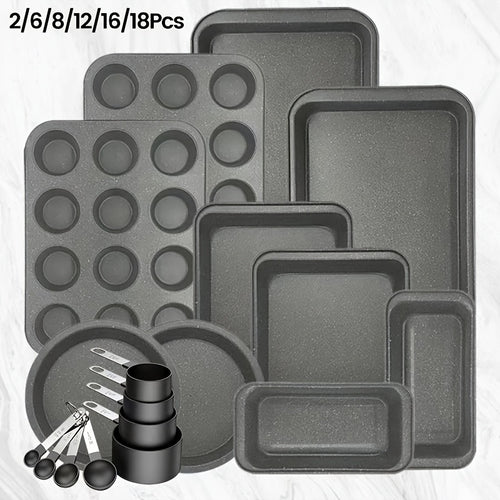 2/6/7/8/12/16/18pcs Non-Stick Baking Pan Set for Kitchen Oven, Baking Set with Round/Square Cake Pans, Bread Bags, Muffin Cups, Pizza Pan, Bread Scraper, Whisk, Spatula, Wire Rack, Measuring Spoon, Muffin Pan, Bread Pan, Baking Sheet, Cookie Sheet