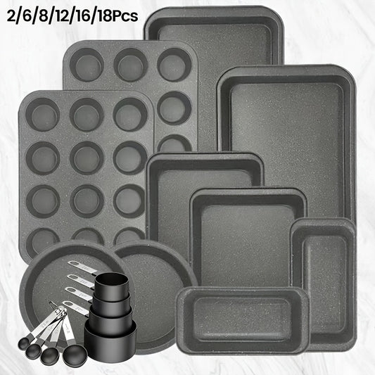 Nonstick Baking Pan Set 2 to 18pcs Carbon Steel Round Square Cake Pan Muffin Pan Bread Pan Cookie Sheet Pizza Pan Wire Rack Whisk Spatula Measuring Spoon Complete Bakeware Set