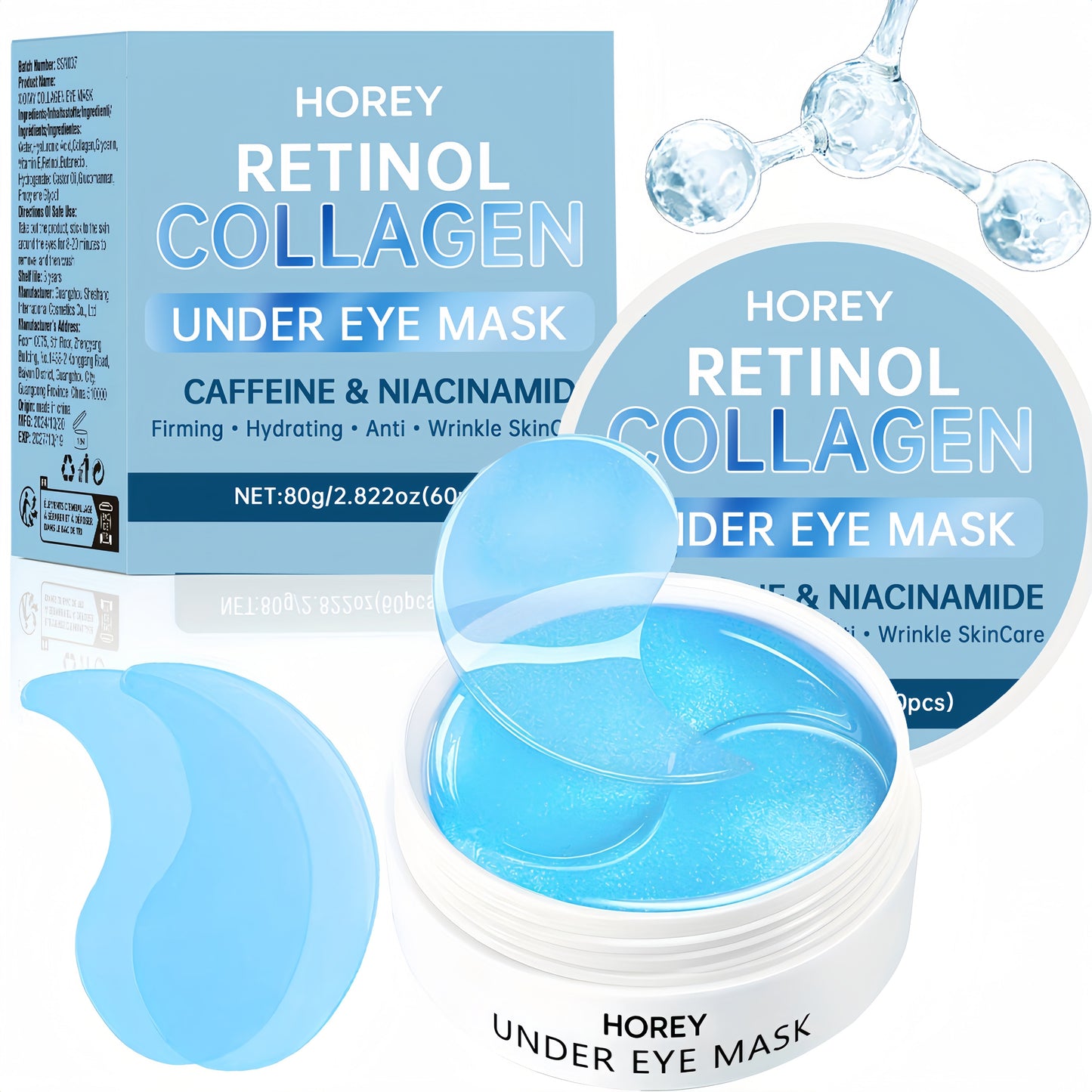 A Set of 60 Collagen Eye Patches, Infused with Caffeine And Niacinamide, Work to Tighten The Skin Around The Eyes While Delivering Intense Moisture And Nourishment. Perfect for Addressing Puffiness And Dark Circles