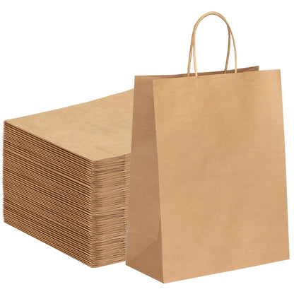 Gift for Her/Him TOMNK 100pcs Paper Gift Bags, 112G Weight Party Handheld Gift Pack, 10X5X13 Inches Brown Kraft Paper Bags with Handles, for Shopping, Daily Use, Birthday Party And Wedding Souvenir Gifts