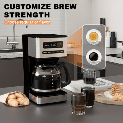 12-Cup Programmable Drip Coffee Maker, Regular & Strong Brew, Iced Coffee Setting, 1-4 Cup Mode, 24H Timer, Auto Shut-Off, Keep Warm, Pause & Serve, Black