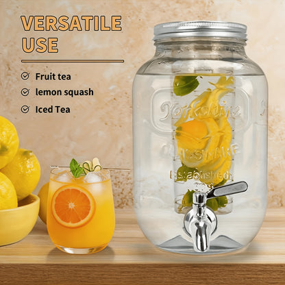 2pcs, 1-Gallon Glass Beverage Dispenser Set, with Stand And Stainless Steel Spigot, Leak-Proof. Lemonade Dispenser with Ice Tube, Ideal for Kitchen, Camping, Parties, Halloween, And Christmas