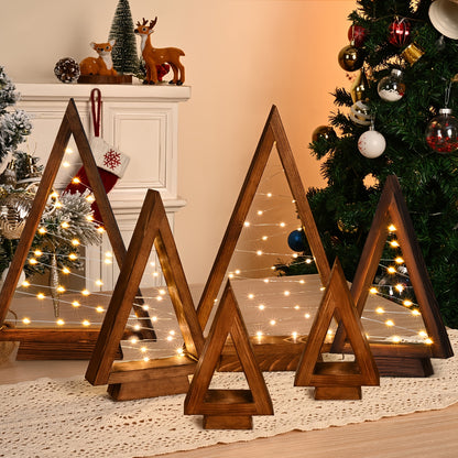 Wooden Light-Up Desktop Christmas Trees USB Powered - Mini Lighted Wood Tree Set for Holiday Decoration, Home & Office Desk, Shelf Display & Room Decor, Reusable Indoor Gift, Set of 2/3/4/5/6