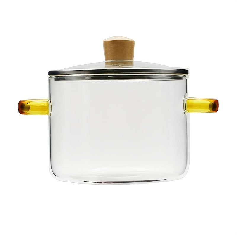 54oz Boric Acid Glass Cooking Pot with Yellow Handle, Heat-resistant Transparent Dumpling Pot, Suitable for Stove and Oven, Perfect for Homes and Restaurants, Perfect for Soup and Milk Ramen, Easier to Clean Odorless Kitchen Essentials