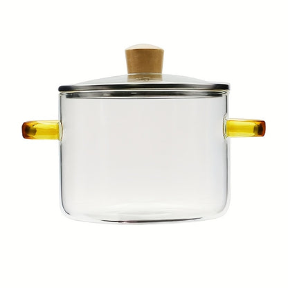 54oz Boric Acid Glass Cooking Pot with Yellow Handle, Heat-resistant Transparent Dumpling Pot, Suitable for Stove and Oven, Perfect for Homes and Restaurants, Perfect for Soup and Milk Ramen, Easier to Clean Odorless Kitchen Essentials