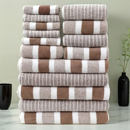 9/15pcs Classic Towel Set, No Hair Loss, Super Absorbent, Super Soft Two-color Striped Interval Bath Towel Combination, Including 2 Large Bath Towels, 2 Large Face Towels, 5 Hand Towels, Bathroom Supplies, And Beach Essentials, Wash Cloths