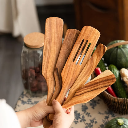 Premium Teak Wooden Kitchen Utensils: 5pcs Of Slotted Spurtles, Spatulas, And Spoons for Nonstick Cookware - Heat Resistant, Non-Stick