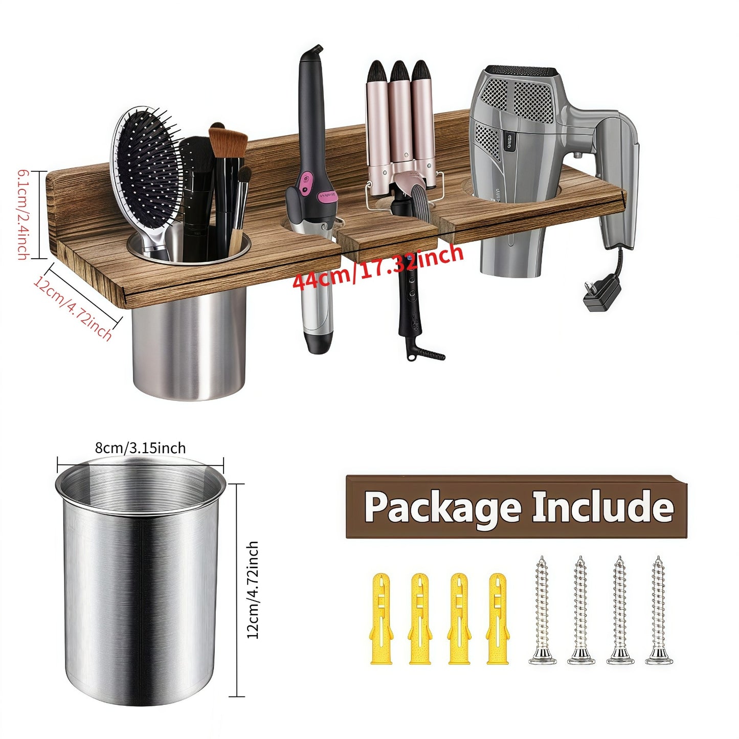 Wall Mounted Wooden Hair Tool Organizer, Multi-Functional Storage Rack for Hair Dryer, Curling Iron, Hair Straightener, Brushes, for Bathroom Salon Home Use, Rustic Stylish Practical Design, Shelves