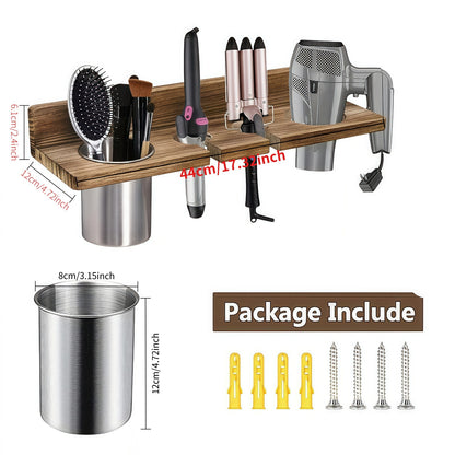 Wall Mounted Wooden Hair Tool Organizer, Multi-Functional Storage Rack for Hair Dryer, Curling Iron, Hair Straightener, Brushes, for Bathroom Salon Home Use, Rustic Stylish Practical Design, Shelves