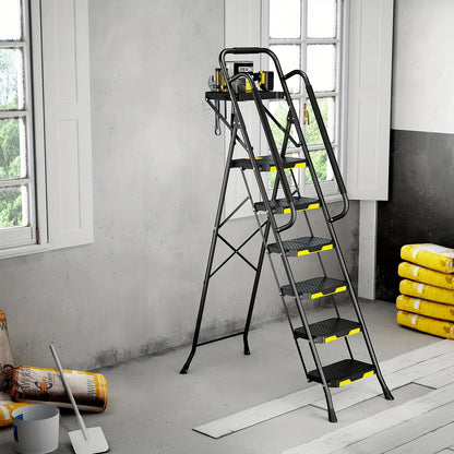TOOLF 6 Step Ladder with Tool Platform, Folding Step Stool with Handrails, Sturdy Steel Ladder with Wide Pedal, 800 LBS Portable Safety Ladder for Adults Painting for Home Outdoor Garage