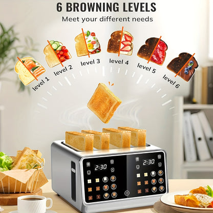4-Slice Digital Smart Toaster with Touchscreen | Dual Control Panel, Single Slot Toasting, Timer, Reheat & Defrost Functions for Bagels, Bread & Waffles – Stainless Steel Kitchen Essential