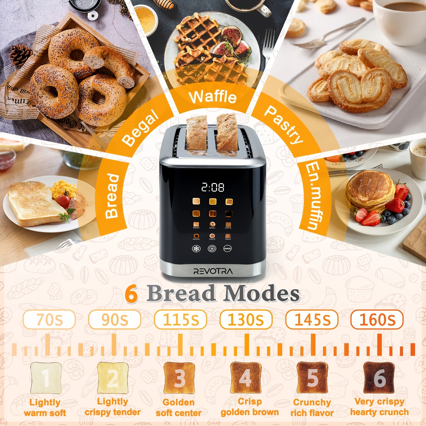 [Compact Toaster] 2 Slice Toaster Stainless Steel with LED Display, Extra Wide Slots, 6 Shade Settings, Defrost, Reheat, Cancel, Removable Crumb Tray - Compact Toaster for Bagels And Waffles