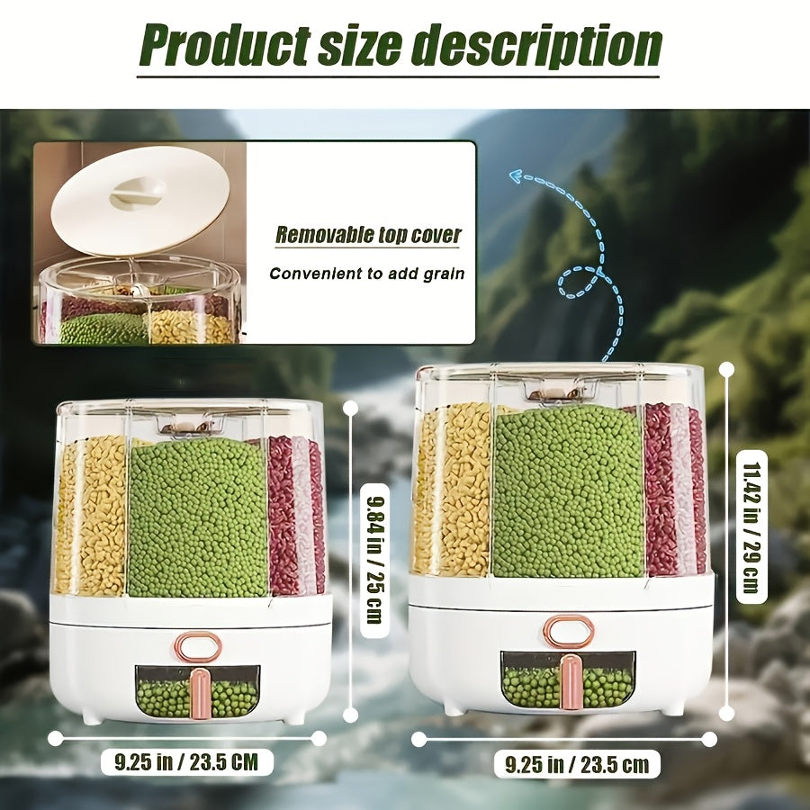 Rotating for Rice Bucket |6-Grid Cereal Dispenser, for Rice Bucket |Large Capacity Airtight Dispenser with A Transparent Window, Features Moisture-Proof And Insect-Proof Design, Suitable for Rice, Cereals