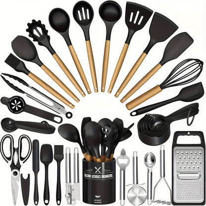 Kitchen Utensils Set-45pcs Silicone Cooking Utensils Set for Nonstick Cookware-Silicone Spatulas Set, Stainless Steel Handle-Black Kitchen Gadgets Tools, Pots And Pans Accessories
