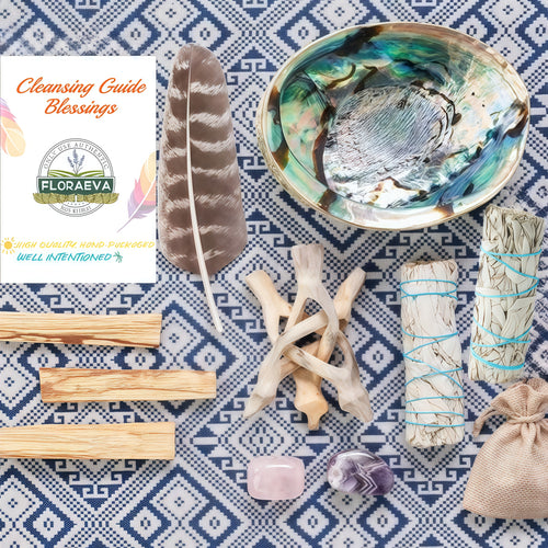 Floraeva Home Cleansing Set with White Sage, Holy Wood, Abalone Shell | Incense Feathers, Crystal Stone & Sage Sticks | for Protection, Positive Energy, Home Office Decor | Holiday Gift