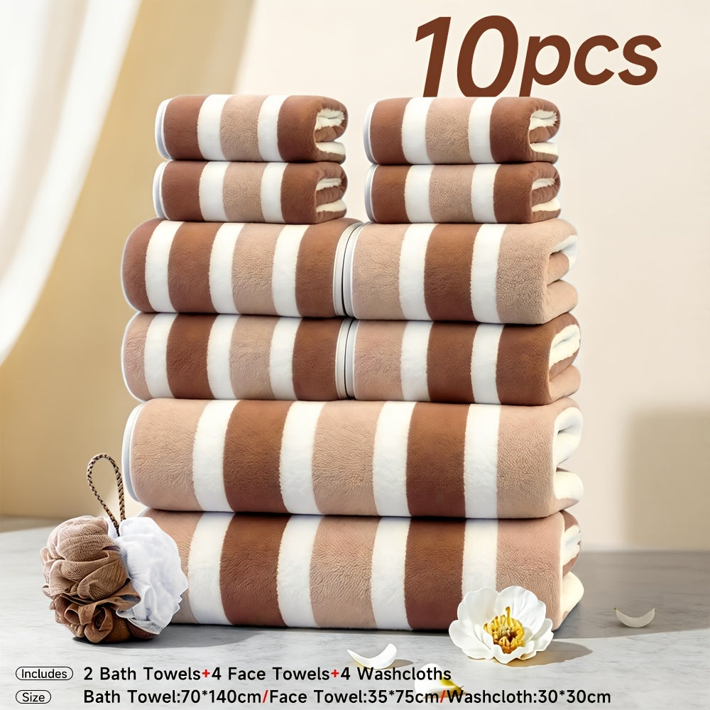 10pcs/3pcs/1pc Towel Set, No Hair Loss, Super Water Absorption,Ultra-Soft Microfiber Beach Towels for Adults, Super Soft Five-star Hotel Standard Two-color Striped Interval Bath Towel Combination(11.81x11.81inch, 13.78x29.53inch, 27.56x55.12inch)