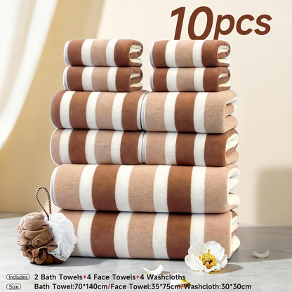 10pcs/3pcs/1pc Towel Set, No Hair Loss, Super Water Absorption,Ultra-Soft Microfiber Beach Towels for Adults, Super Soft Five-star Hotel Standard Two-color Striped Interval Bath Towel Combination(11.81x11.81inch, 13.78x29.53inch, 27.56x55.12inch)