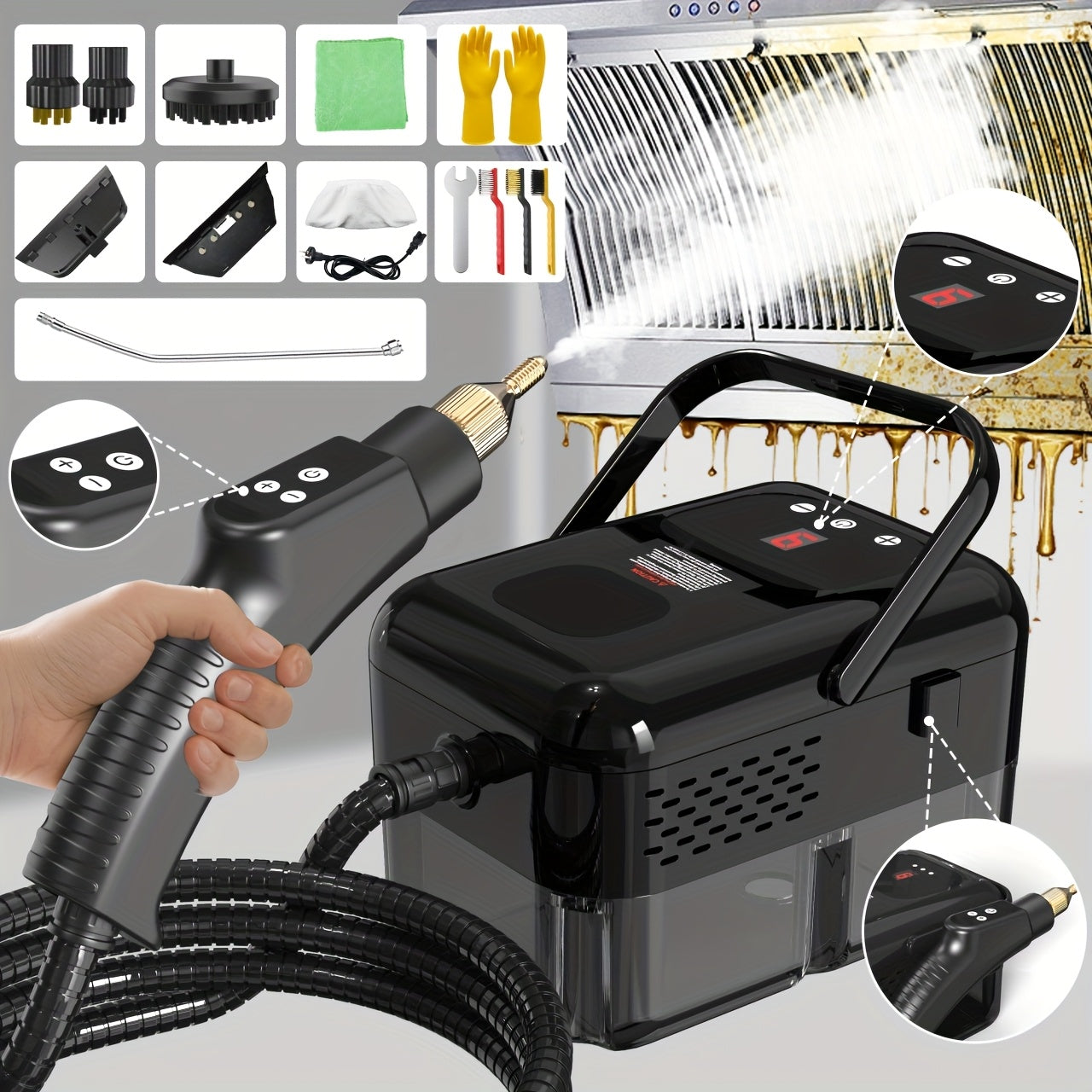 Handheld Steam Cleaner 2500W High Pressure for Home Kitchen Grease Sofa Air Conditioner Washing Machine Floor Tile Bathroom
