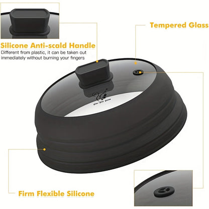 Collapsible Microwave Cover for Food, Designed to Prevent Splatters, Featuring a Silicone Handle. Available in Sizes 9, 10.8, And 11.8 Inches, And in Colors Black, Grey, Red, And Blue