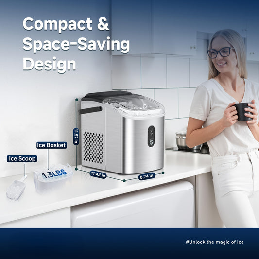 Portable Ice Maker Countertop – Bullet Ice Machine 26-29 Lbs Daily, 9 Ice Cubes in 6 Mins, Self-Cleaning, Quiet Under 45dB, with Handle, Basket & Scoop, for Home, Kitchen, Camping & RV